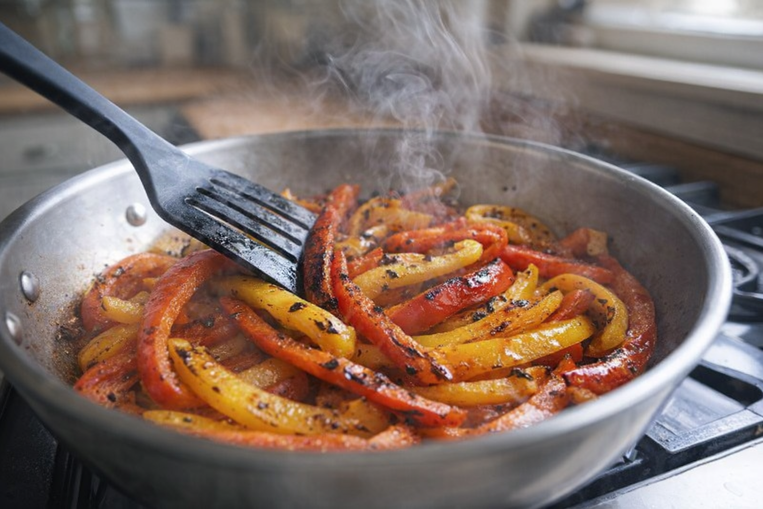 An action shot of bell pepper strips sizzling in a stainless steel skillet, steam rising, visible char marks, spatula stirring the peppers